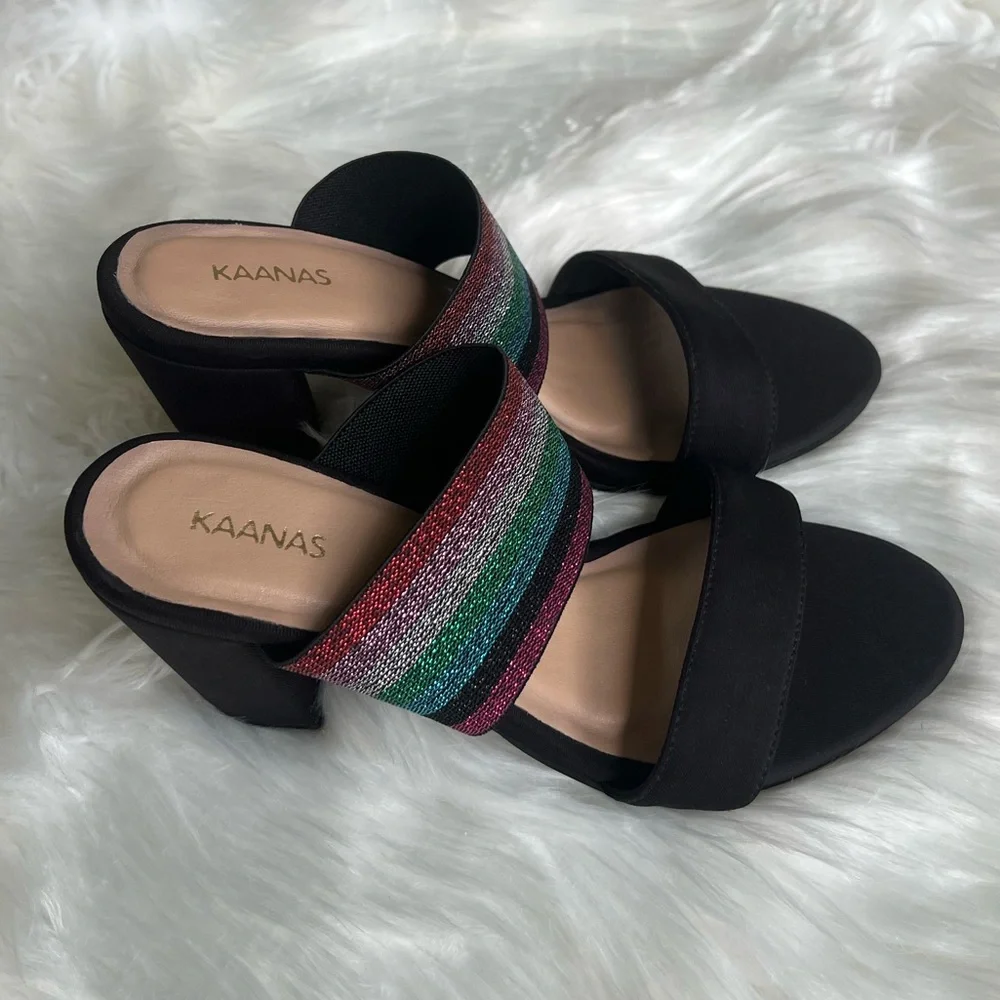 Kaanas size 37 NWOT black pink green multi color sparkley block heels